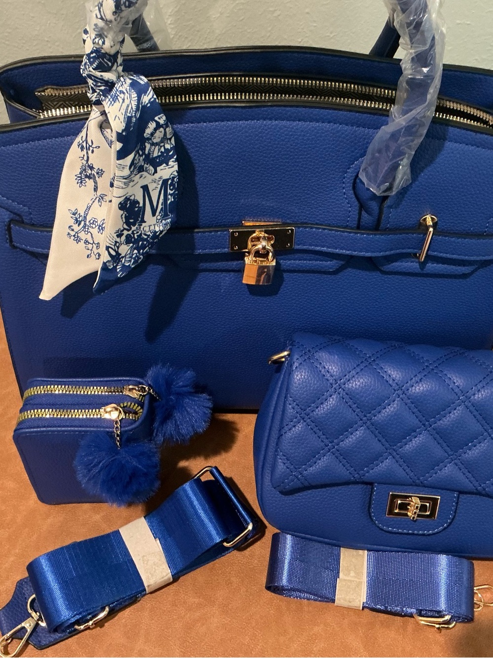 Royal Blue Quilted Crossbody and Tote Handbag Set